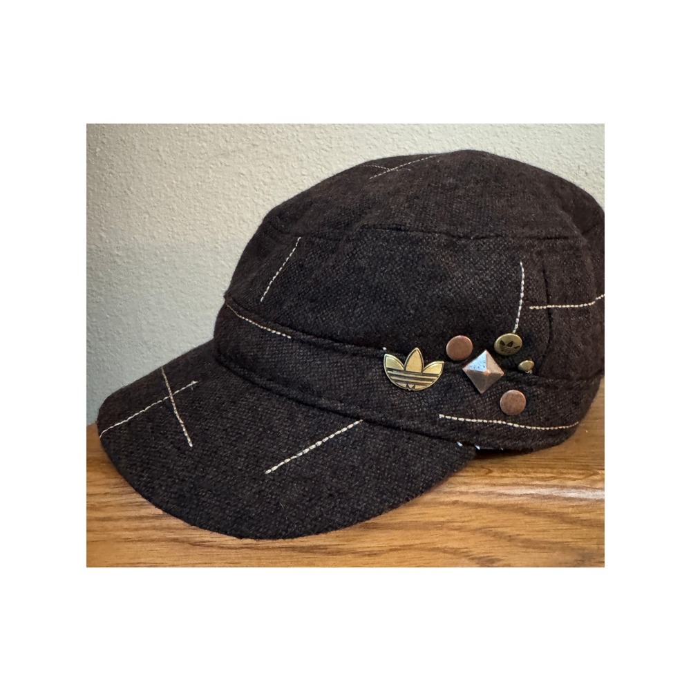 Vtg Y2K Adidas Cadet Hat Brown Wool Blend Studded Trefoil Logo Cap Streetwear
